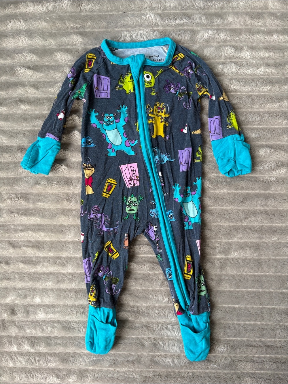 Little Sleepies Dark Gray Monster Ink Print Footed One-Piece with Turquoise Trim